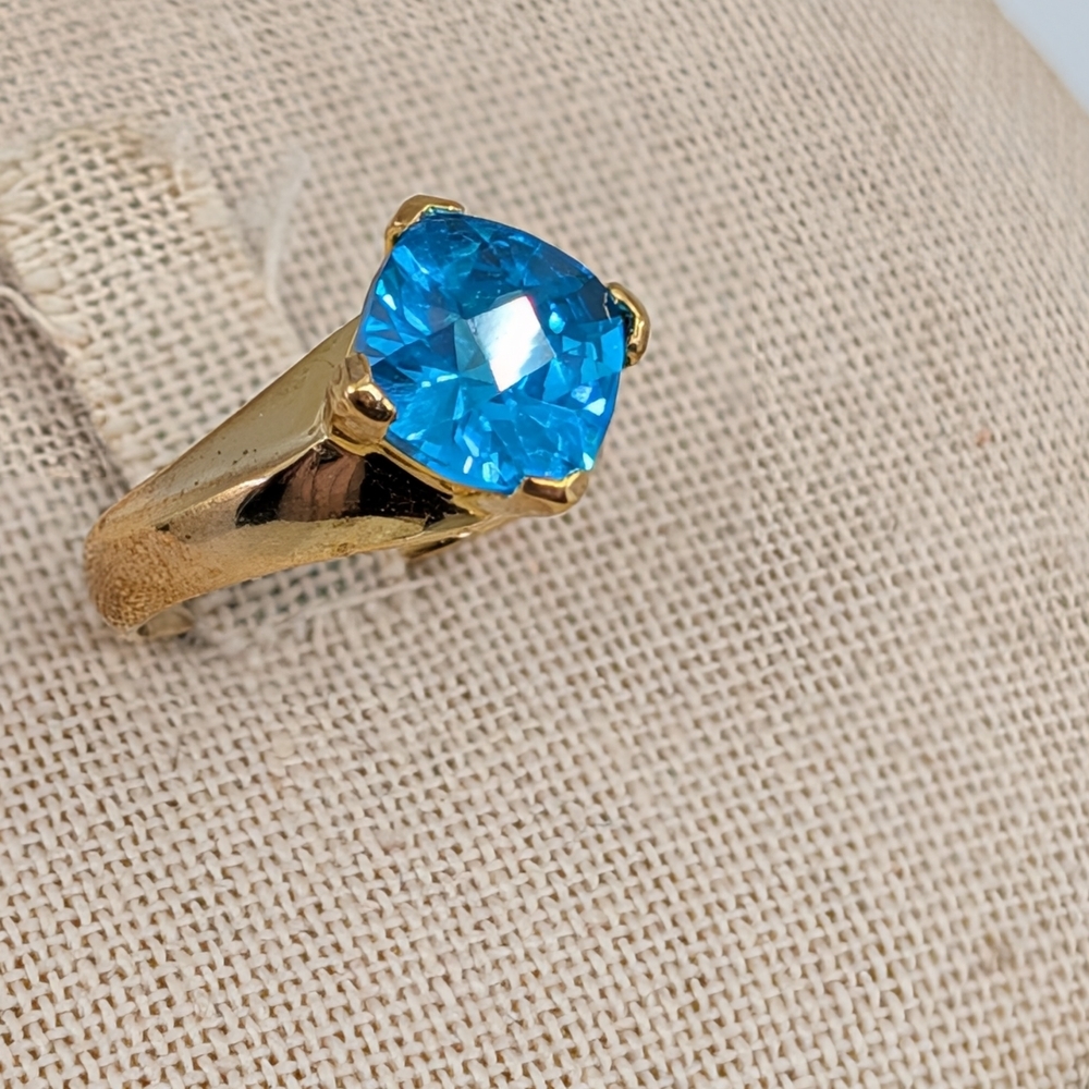 Vintage 925 Sterling Silver Gold Vermeil Statement Ring Faceted Blue Stone Sz 6 - Picture 12 of 16